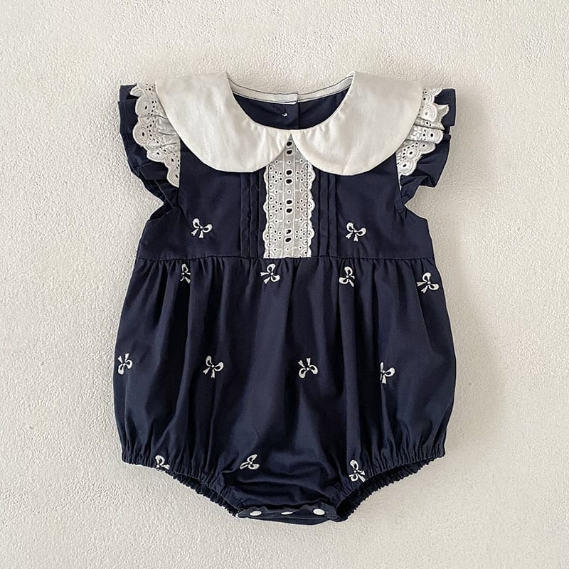 Bow Embroidery Ruffle Romper Dress ラッフル ロンパース ワンピース【mh0013161】 Navy Blue Rompers / 66cm Aeg babyi 半袖ロンパース