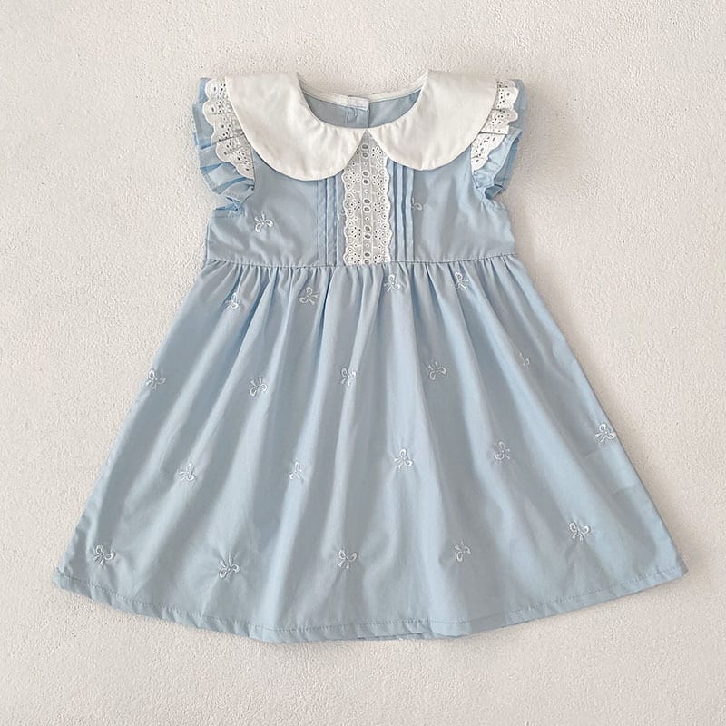 Bow Embroidery Ruffle Romper Dress ラッフル ロンパース ワンピース【mh0013161】 Sky Blue Dress / 90cm Aeg babyi 半袖ロンパース