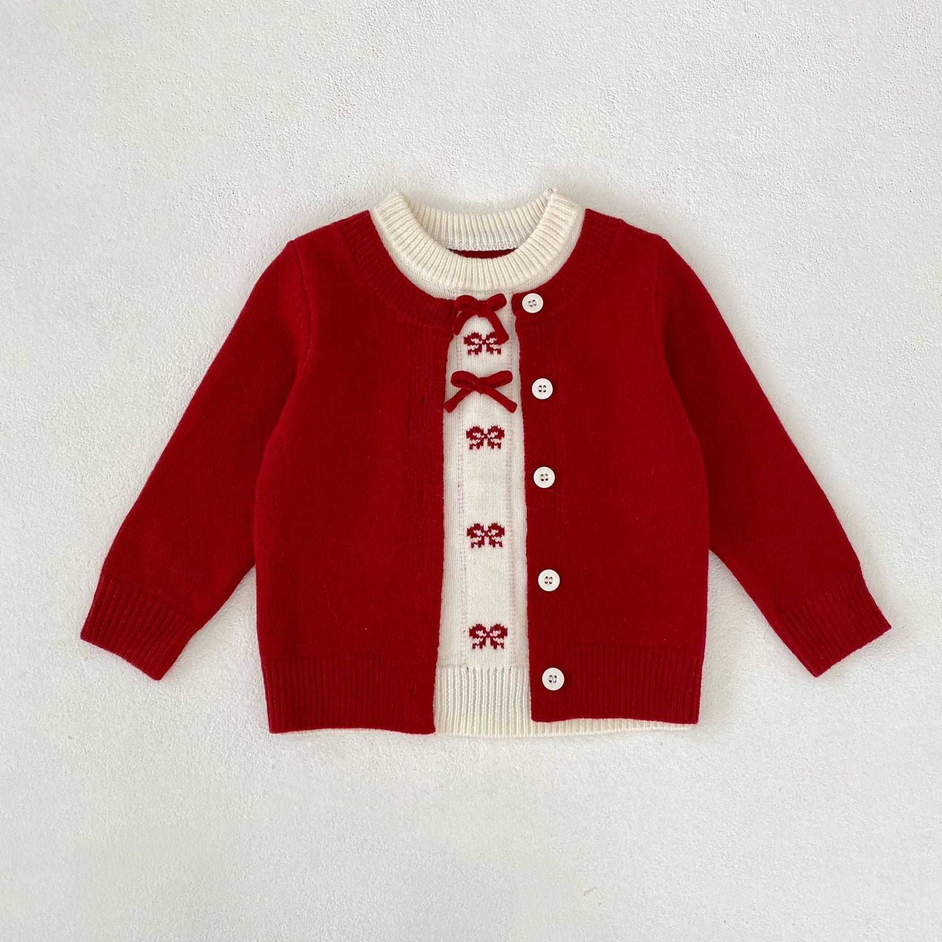 Bow Faux Two-Piece Knit Cardigan リボン ドッキング ニット カーディガン【mh0012405】 73CM / Red wine mamahalo shop