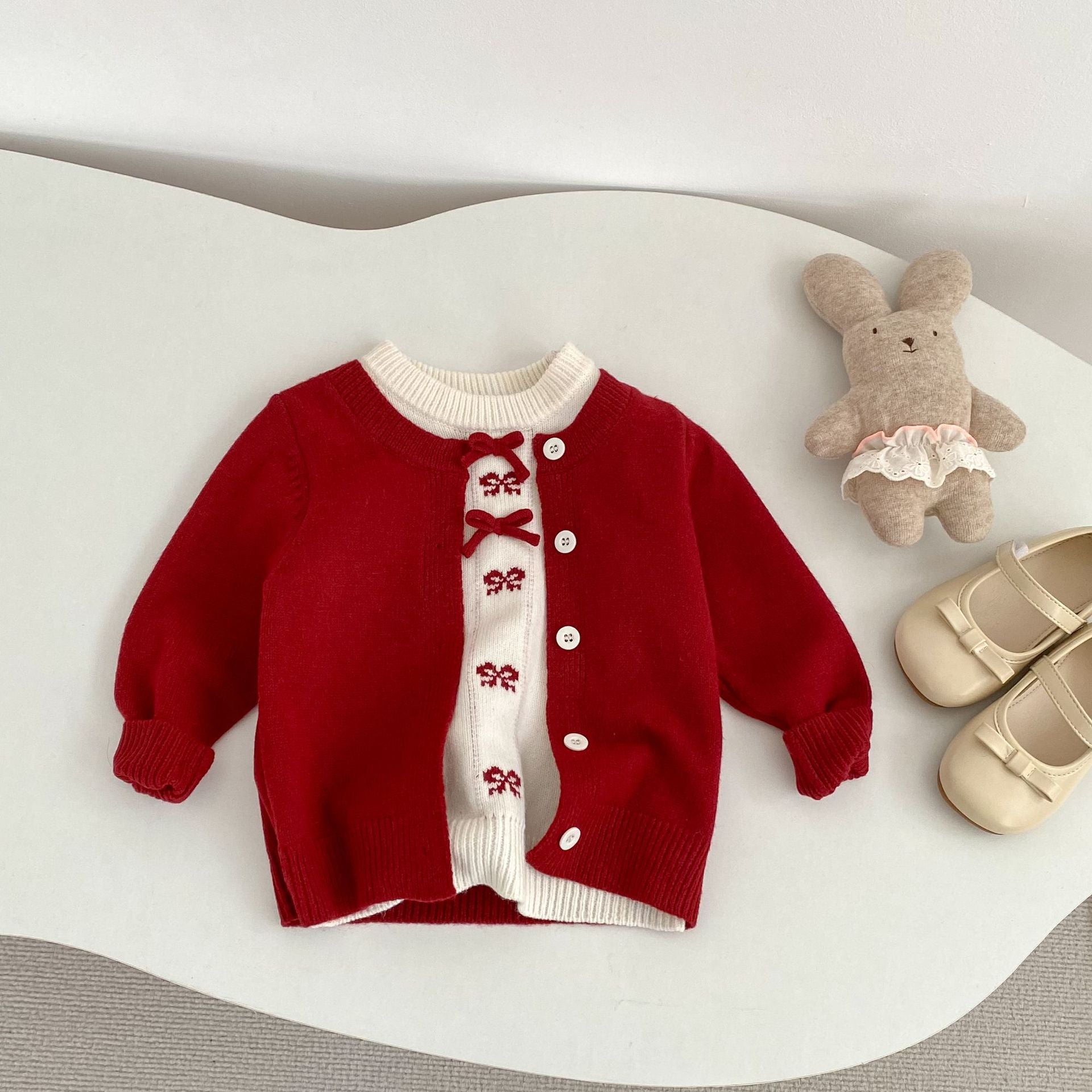 Bow Faux Two-Piece Knit Cardigan リボン ドッキング ニット カーディガン【mh0012405】 mamahalo shop