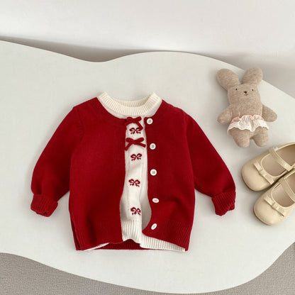 Bow Faux Two-Piece Knit Cardigan リボン ドッキング ニット カーディガン【mh0012405】 mamahalo shop