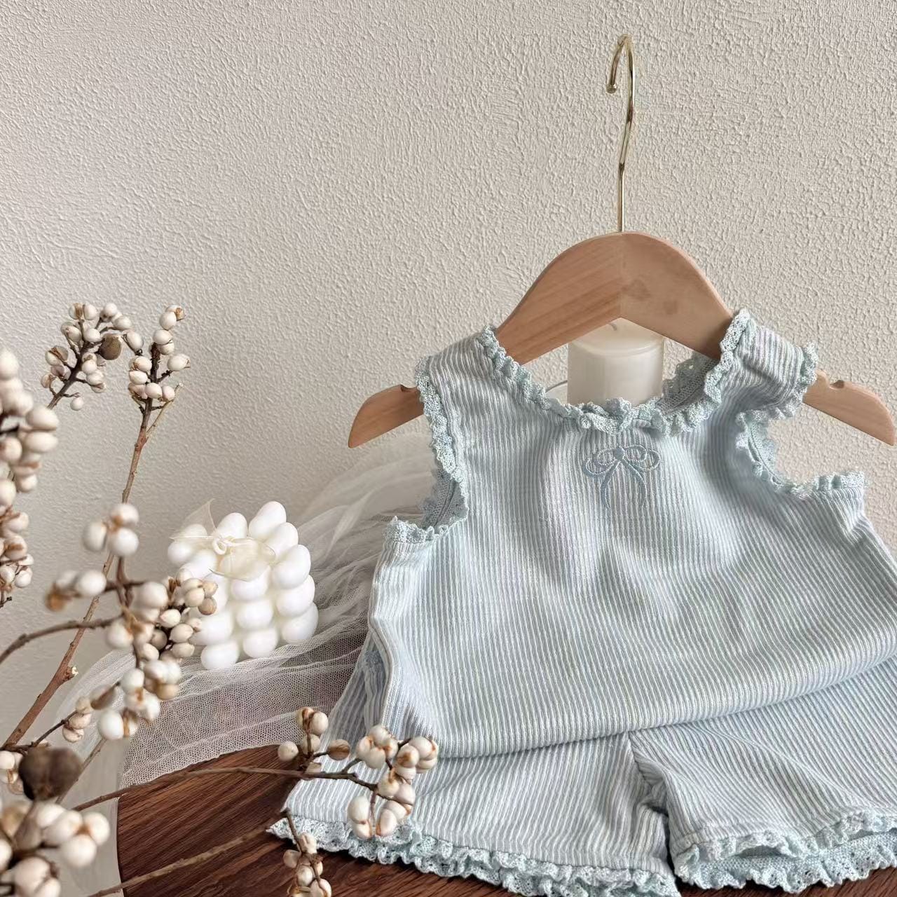 Bow Ribbon Ribbed Set ノースリーブTシャツ ショートパンツ【mh0012900】 Light Blue / 73cm yi nian ni ノースリーブセットアップ