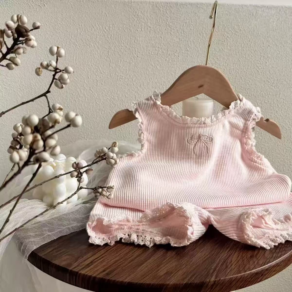 Bow Ribbon Ribbed Set ノースリーブTシャツ ショートパンツ【mh0012900】 Pink / 73cm yi nian ni ノースリーブセットアップ