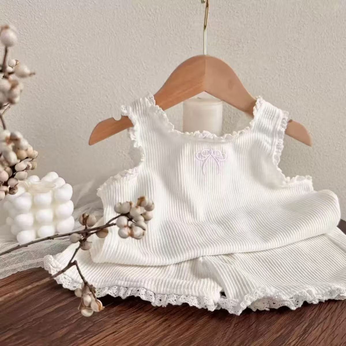 Bow Ribbon Ribbed Set ノースリーブTシャツ ショートパンツ【mh0012900】 White / 73cm yi nian ni ノースリーブセットアップ