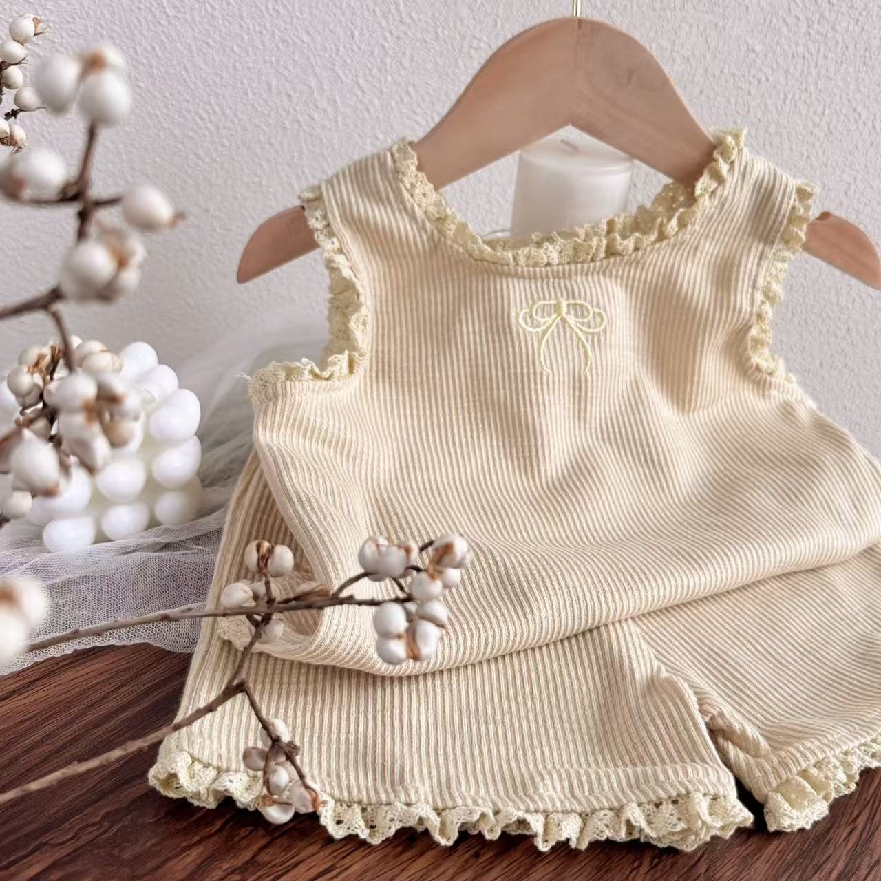 Bow Ribbon Ribbed Set ノースリーブTシャツ ショートパンツ【mh0012900】 yi nian ni ノースリーブセットアップ