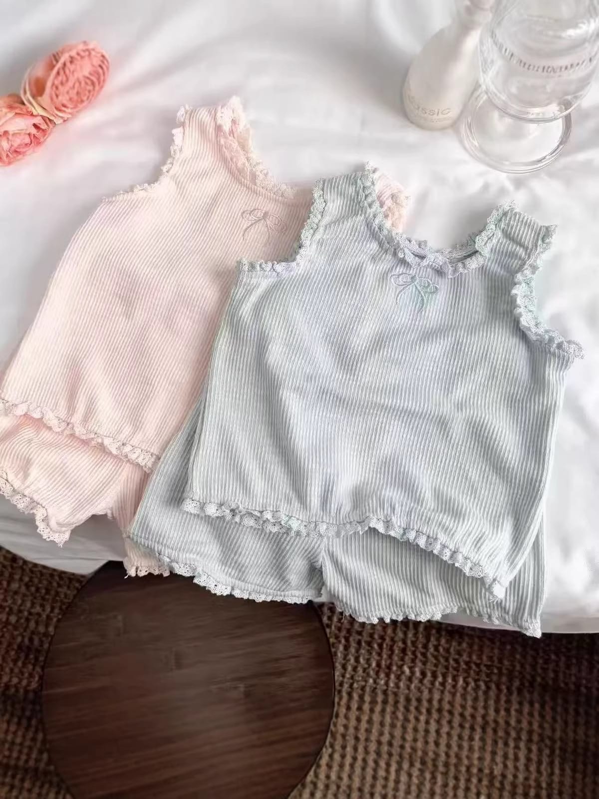 Bow Ribbon Ribbed Set ノースリーブTシャツ ショートパンツ【mh0012900】 yi nian ni ノースリーブセットアップ