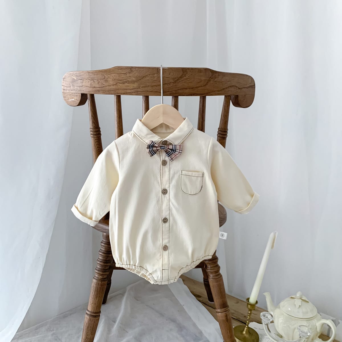 Bow Tie Long Sleeve Shirt Romper 蝶ネクタイ長袖シャツロンパース【mh0000378】 Beige / 66cm mini tianshi 長袖ロンパース