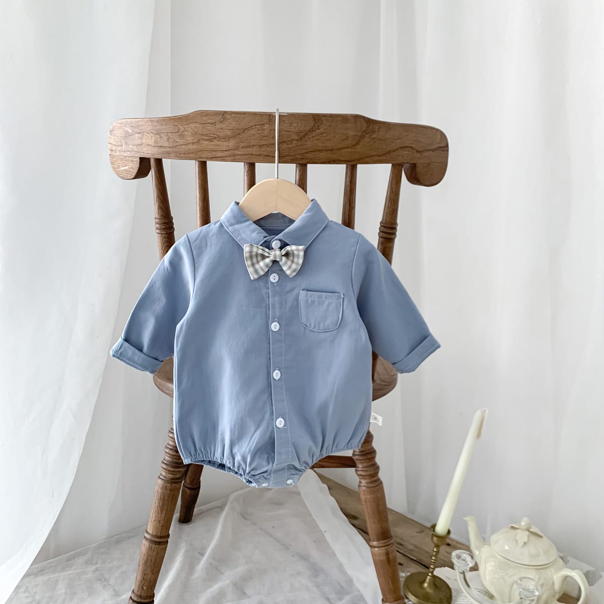 Bow Tie Long Sleeve Shirt Romper 蝶ネクタイ長袖シャツロンパース【mh0000378】 Light Blue / 66cm mini tianshi 長袖ロンパース