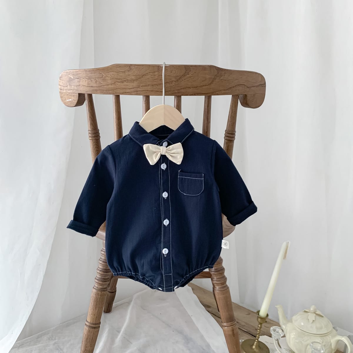 Bow Tie Long Sleeve Shirt Romper 蝶ネクタイ長袖シャツロンパース【mh0000378】 Navy Blue / 66cm mini tianshi 長袖ロンパース