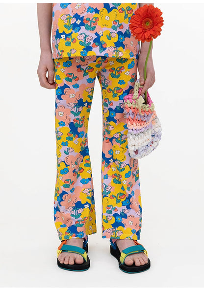 Bright Floral Lyocell Cotton Top Vibrant FlarePants 半袖Tシャツ ロングパンツ【mh0013091】 RICE & SKY 半袖セットアップ