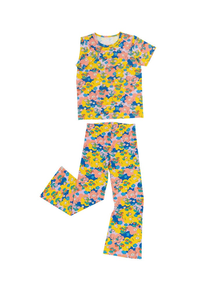Bright Floral Lyocell Cotton Top Vibrant FlarePants 半袖Tシャツ ロングパンツ【mh0013091】 RICE & SKY 半袖セットアップ