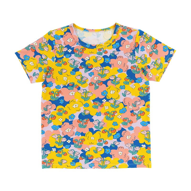 Bright Floral Lyocell Cotton Top Vibrant FlarePants 半袖Tシャツ ロングパンツ【mh0013091】 T-shirt / 90cm RICE & SKY 半袖セットアップ