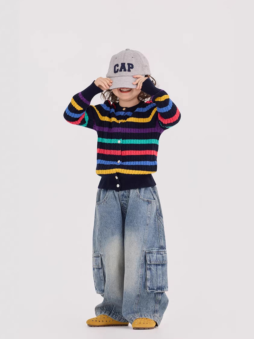 Cable Striped Woolen Cardigan ケーブル編み ボーダー カーディガン【mh0012381】 mamahalo shop