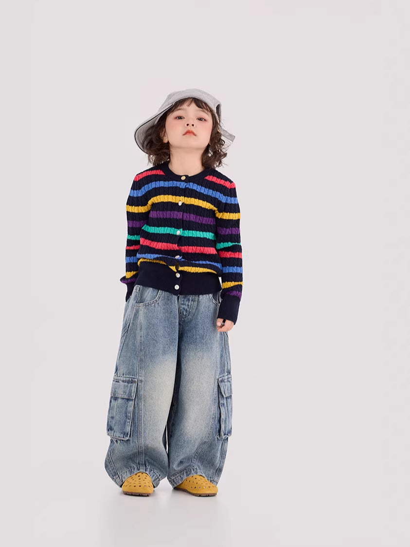 Cable Striped Woolen Cardigan ケーブル編み ボーダー カーディガン【mh0012381】 mamahalo shop