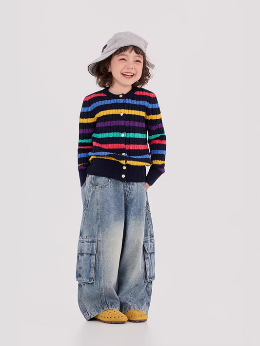 Cable Striped Woolen Cardigan ケーブル編み ボーダー カーディガン【mh0012381】 mamahalo shop