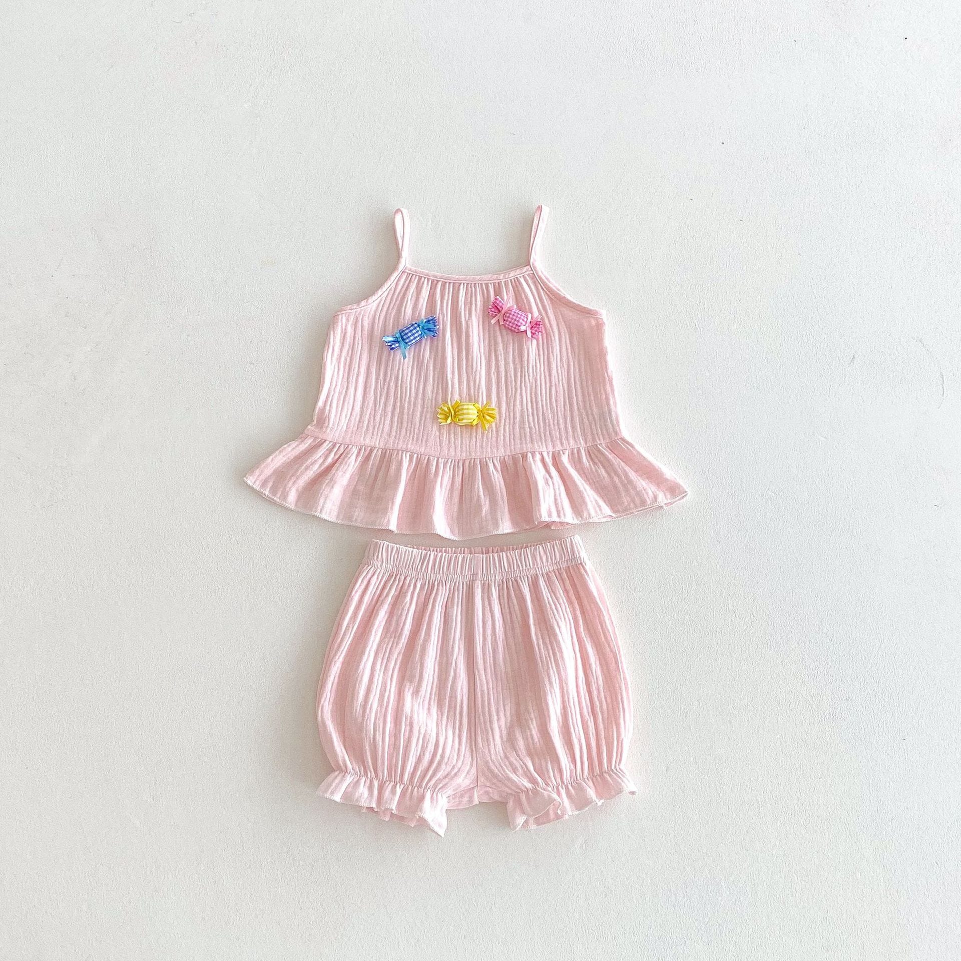 Candy Applique Gauze Frill Flared Set キャンディ キャミソール ショートパンツ セット【mh0013438】 angou ノースリーブセットアップ