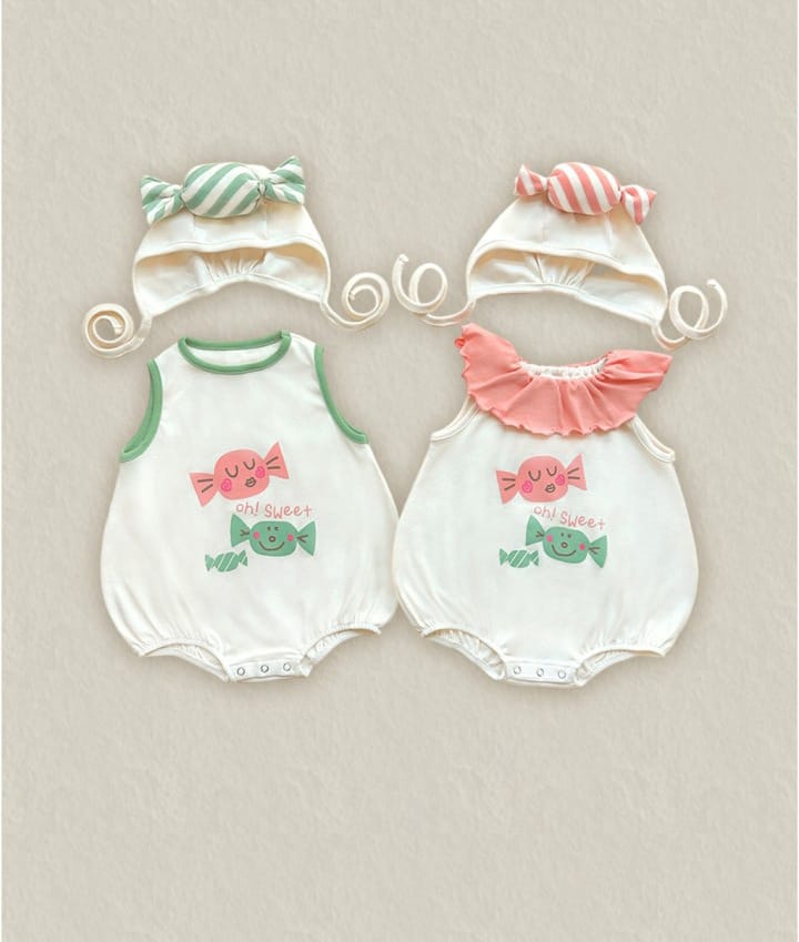 Candy Motif Sleeveless Romper Bonnet Set キャンディ ノースリーブロンパース 帽子 セット【mh0013395】 TOMMY'S GIFTS ノースリーブロンパース