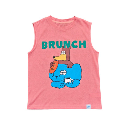 ローズ系ノースリーブTシャツ、BRUNCHのアニマル風イラストプリント