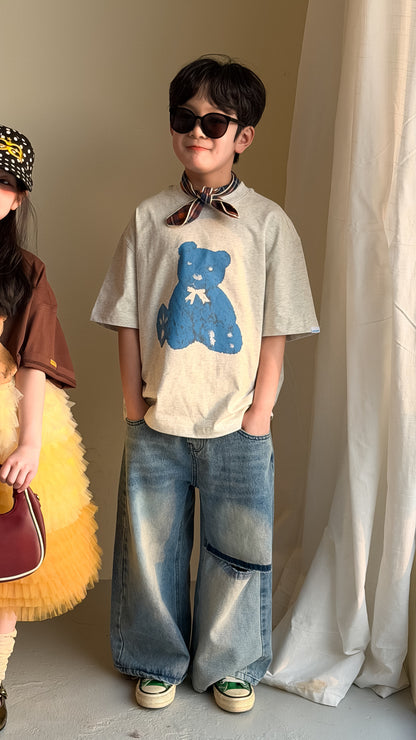 Cartoon Bear Loose Short Sleeve Tee ベアプリント 半袖Tシャツ【mh0012360】 Blue / 100cm KUMAI.KIDS