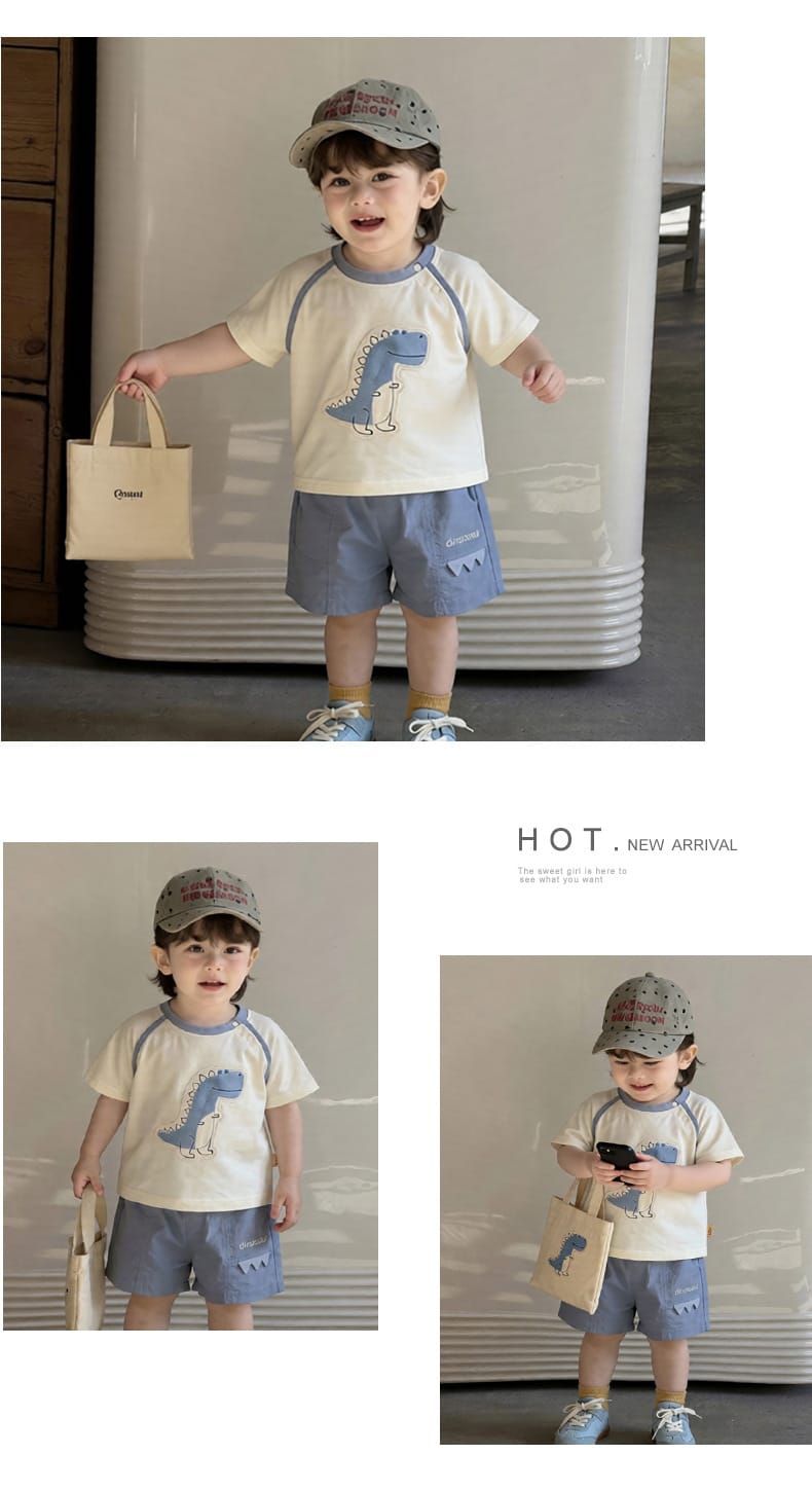 Cartoon Dinosaur Set 恐竜 刺繍 半袖Tシャツ ショートパンツ【mh0012856】 ABNN 半袖セットアップ