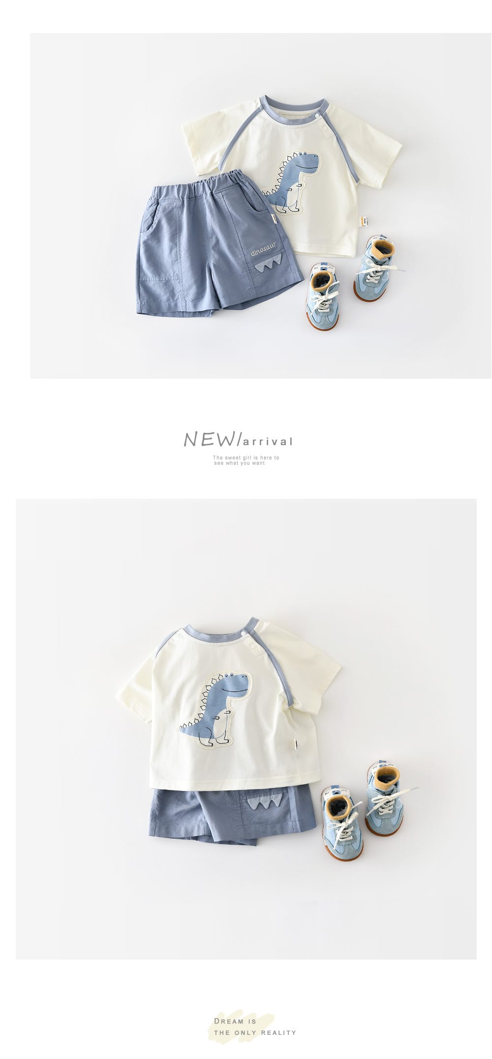 Cartoon Dinosaur Set 恐竜 刺繍 半袖Tシャツ ショートパンツ【mh0012856】 ABNN 半袖セットアップ
