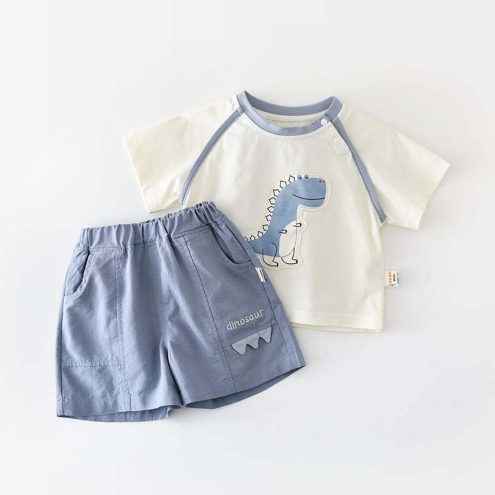 Cartoon Dinosaur Set 恐竜 刺繍 半袖Tシャツ ショートパンツ【mh0012856】 Blue / 73cm ABNN 半袖セットアップ