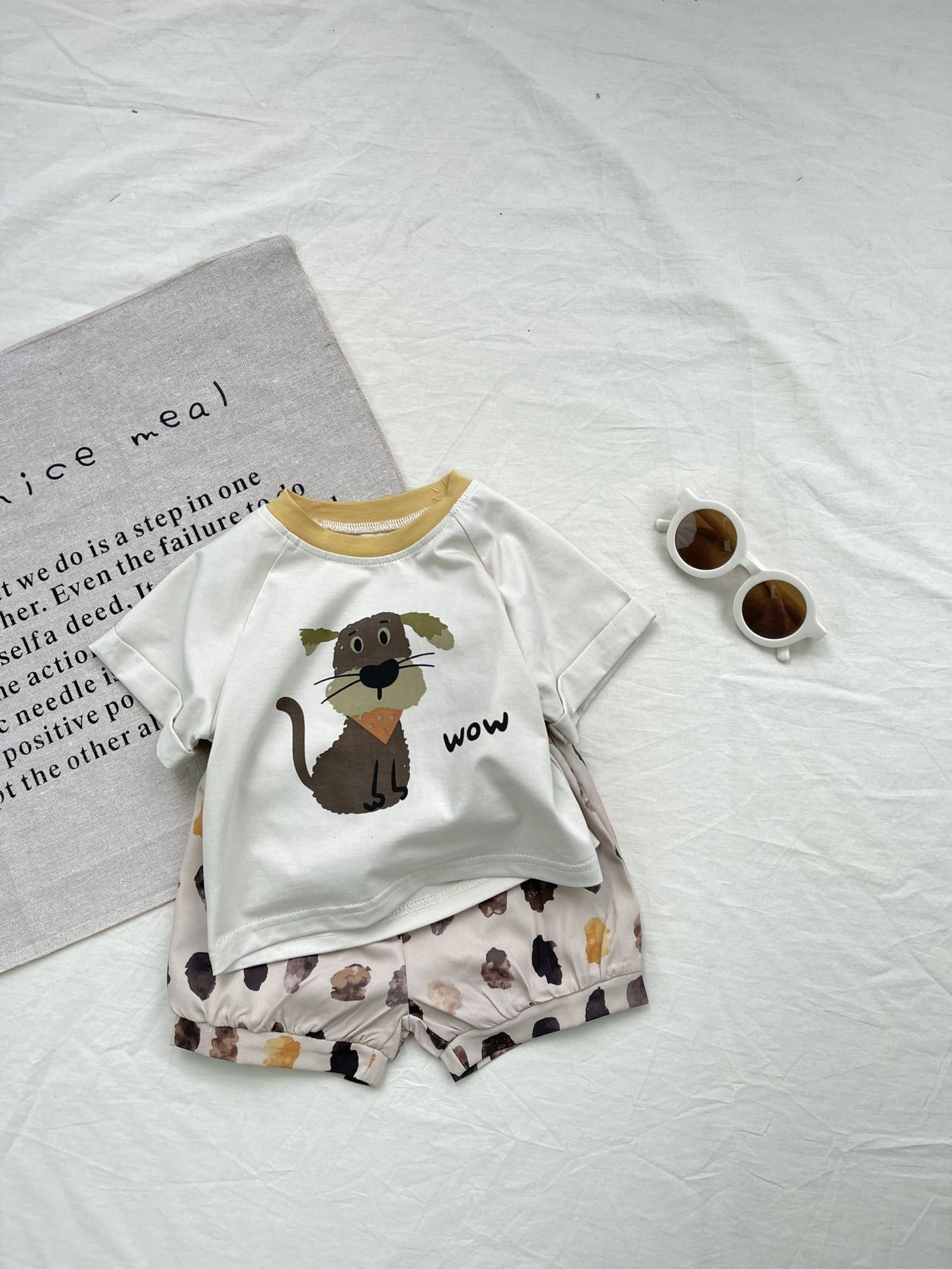 Cartoon Dog Printed Cotton Set ドッグプリント 半袖Tシャツ ショートパンツセット【mh0012918】 Beige / 73cm yi nian ni 半袖セットアップ