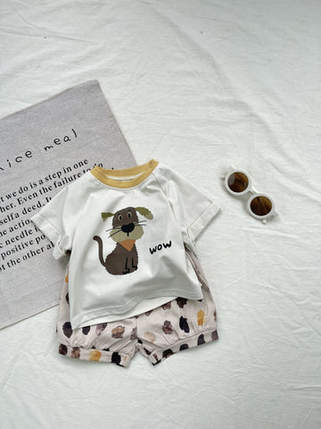 Cartoon Dog Printed Cotton Set ドッグプリント 半袖Tシャツ ショートパンツセット【mh0012918】 Beige / 73cm yi nian ni 半袖セットアップ