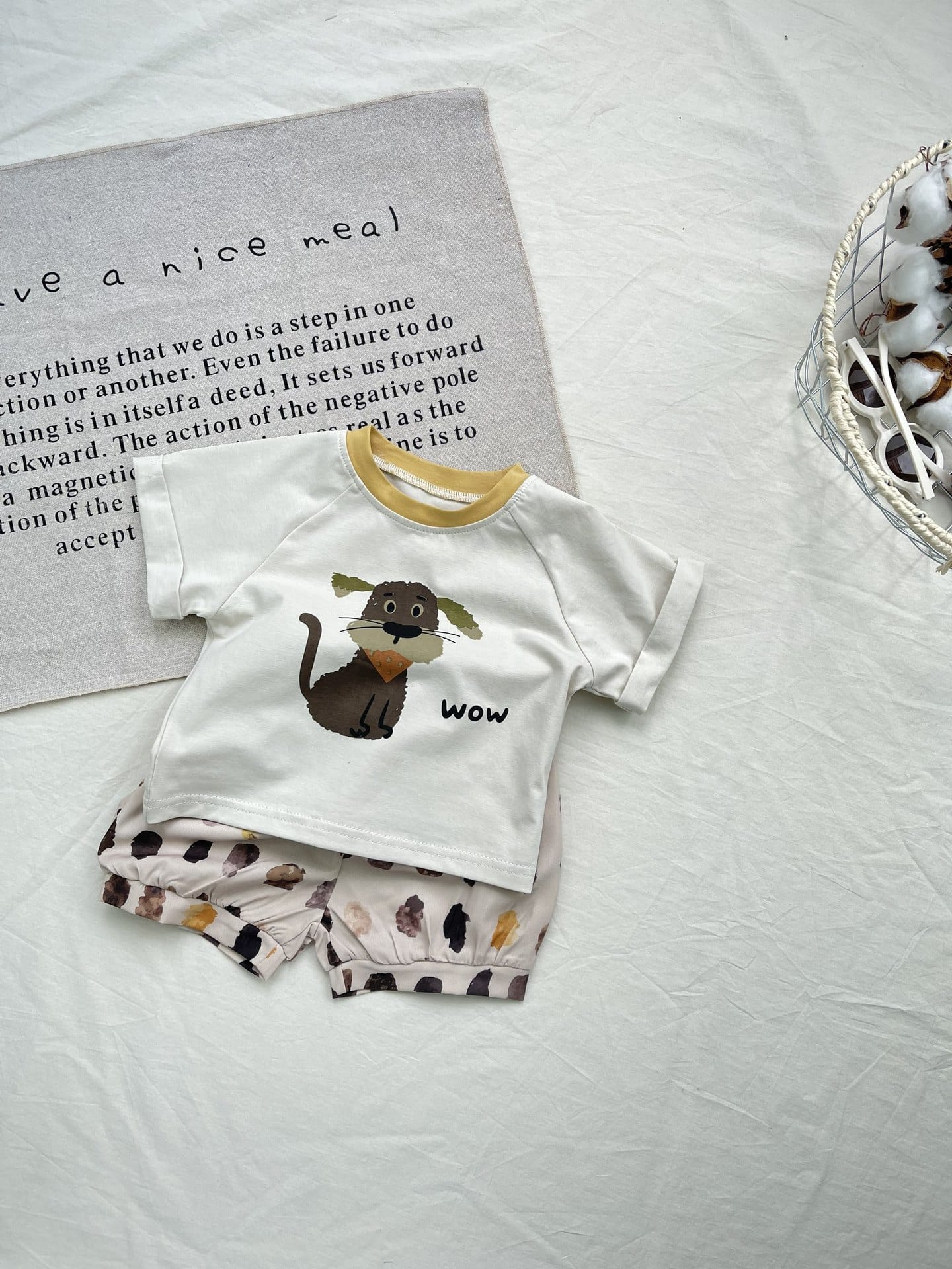 Cartoon Dog Printed Cotton Set ドッグプリント 半袖Tシャツ ショートパンツセット【mh0012918】 yi nian ni 半袖セットアップ