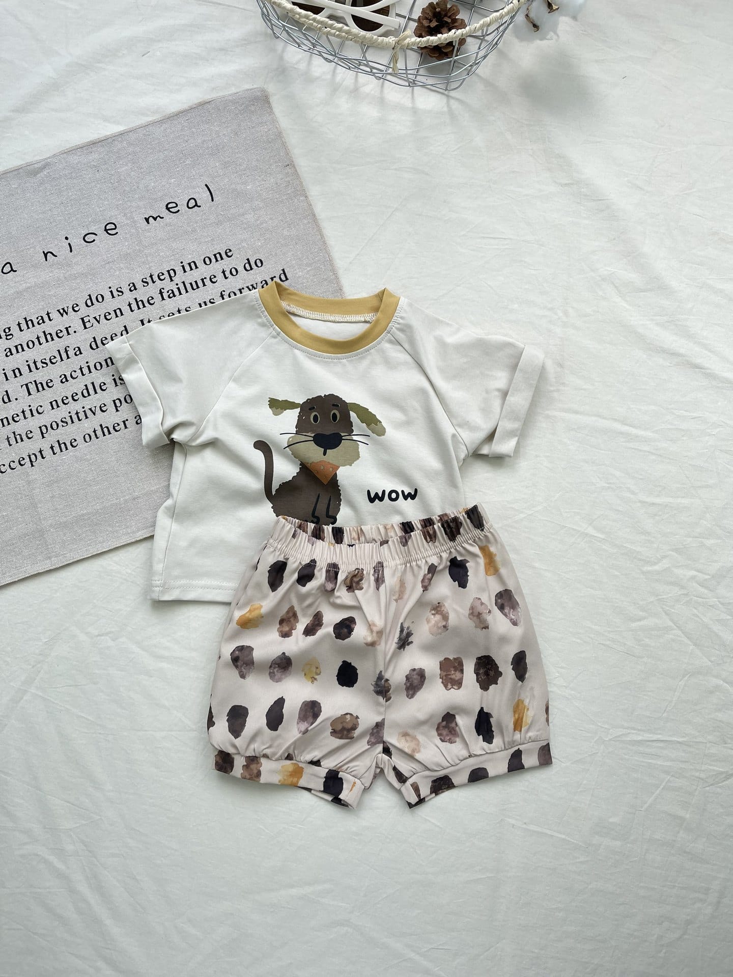 Cartoon Dog Printed Cotton Set ドッグプリント 半袖Tシャツ ショートパンツセット【mh0012918】 yi nian ni 半袖セットアップ