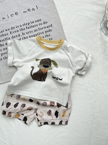 Cartoon Dog Printed Cotton Set ドッグプリント 半袖Tシャツ ショートパンツセット【mh0012918】 yi nian ni 半袖セットアップ