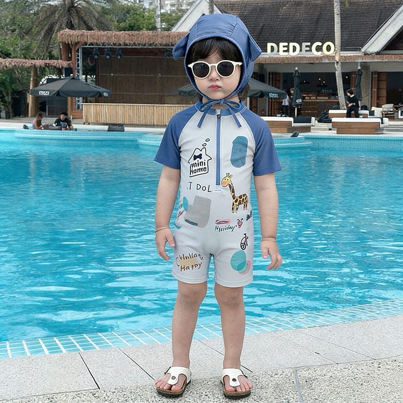 Cartoon Giraffe Quick-Dry Swimwear キリン 半袖水着 スイムキャップ セット【mh0013329】 Blue / 90cm mamahalo kids ベビー用水着