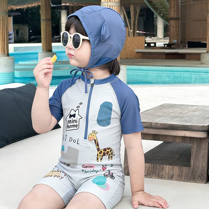 Cartoon Giraffe Quick-Dry Swimwear キリン 半袖水着 スイムキャップ セット【mh0013329】 mamahalo kids ベビー用水着