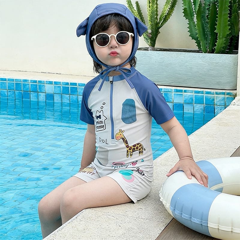Cartoon Giraffe Quick-Dry Swimwear キリン 半袖水着 スイムキャップ セット【mh0013329】 mamahalo kids ベビー用水着