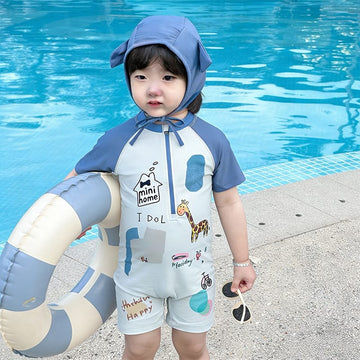 Cartoon Giraffe Quick-Dry Swimwear キリン 半袖水着 スイムキャップ セット【mh0013329】 mamahalo kids ベビー用水着