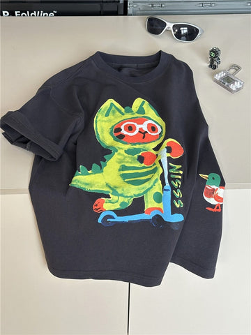 Cartoon Graphic T-shirt 恐竜 アニマル Tシャツ【mh0012947】 snidols 半袖Tシャツ