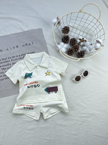 Cartoon Polo Shirt Set クレヨン風イラスト 半袖ポロシャツ ショートパンツセット【mh0012919】 White / 73cm yi nian ni 半袖セットアップ