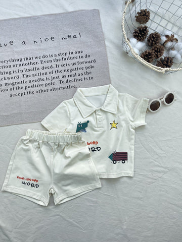 Cartoon Polo Shirt Set クレヨン風イラスト 半袖ポロシャツ ショートパンツセット【mh0012919】 yi nian ni 半袖セットアップ