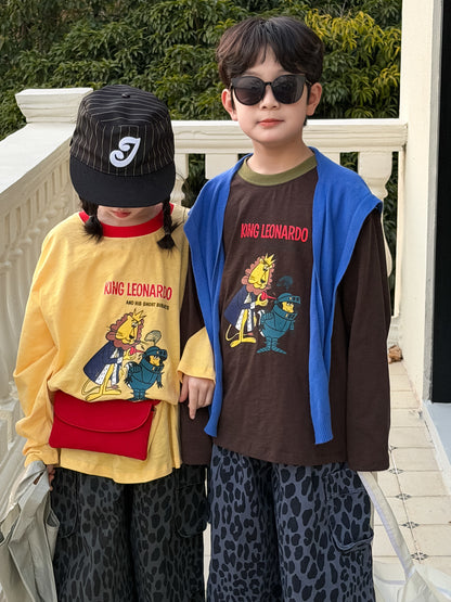 子ども用ルーズフィット長袖Tシャツ2枚（イエロー/ブラウン）、キャラクタープリント