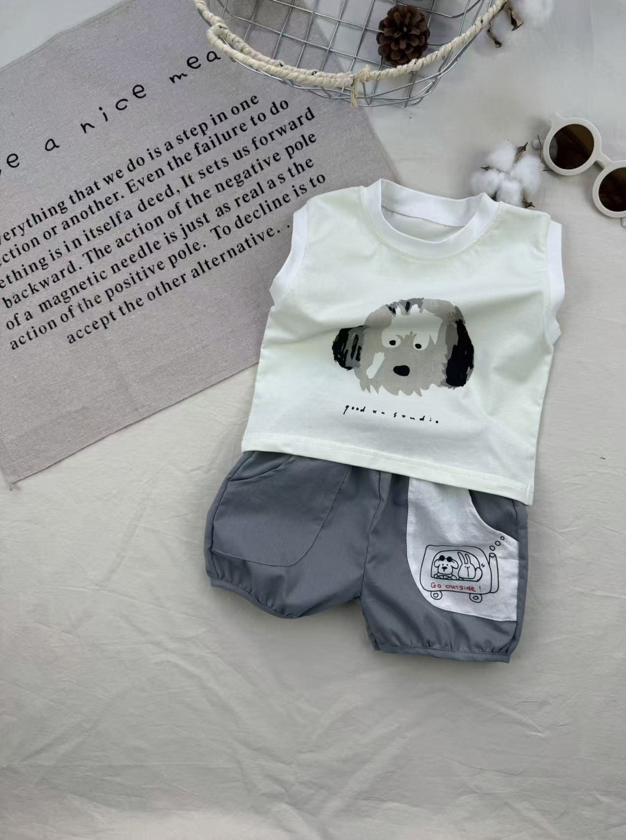 Cartoon Print Tank Top Set アニマル ノースリーブTシャツ ショートパンツセット【mh0012911】 Gray / 73cm yi nian ni ノースリーブセットアップ