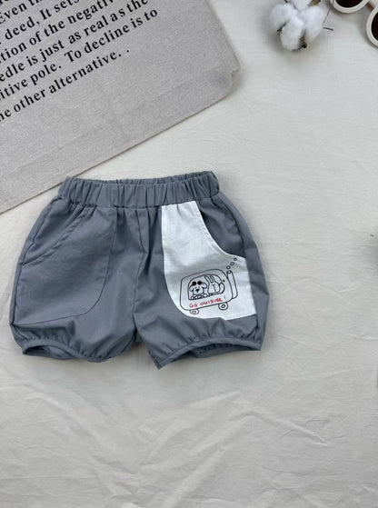 グレーのショートパンツ、ウエストゴムと犬モチーフのプリント