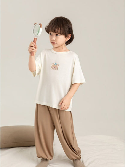 キッズ用ルームウェアセット 白半袖Tシャツと茶色パンツ、くま風プリント