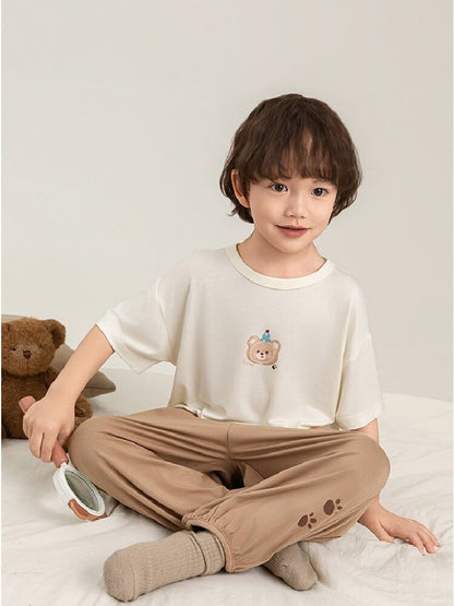 キッズ用ルームウェアセット 丸首半袖Tシャツと茶色ゆるパンツ、くま風プリント