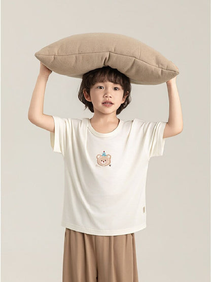 キッズ用ルームウェアセット 半袖Tシャツ（くま風プリント）と茶色パンツ