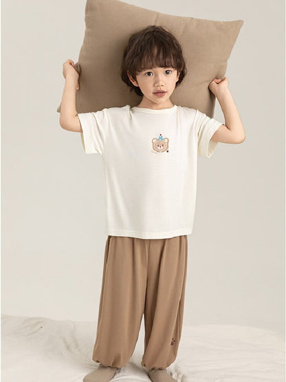 キッズ用ルームウェアセット 白い半袖Tシャツ＋茶色のパンツ、くま風キャラクタープリント