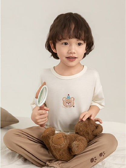 子ども用ルームウェア上下セット：白半袖T×ブラウンパンツ、くま柄
