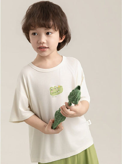 子ども用ルームウェア上下セット：白半袖T×緑パンツ、カエル柄