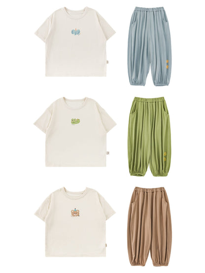 カートゥーンプリントの半袖ルームウェア上下セット（Tシャツ＋ロングパンツ）