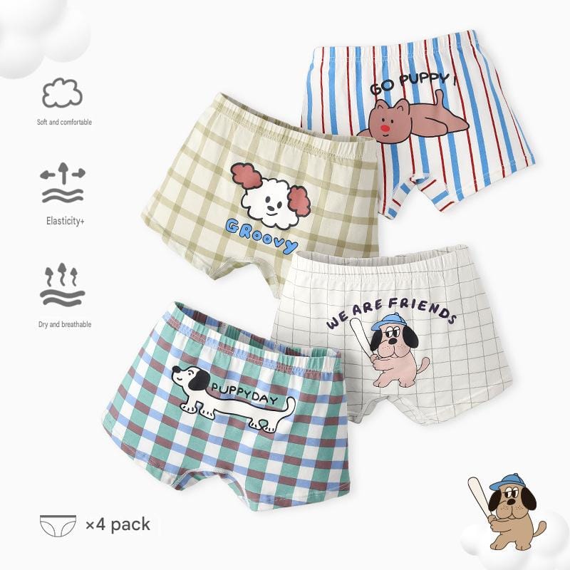 Cartoon Puppy Boxer Briefs 4 Pairs アニマル ボクサーパンツ セット【mh0013553】 N201 Paw Woof Gathering Underwear (Boy) / 100cm mamahalo accessory 幼児用下着