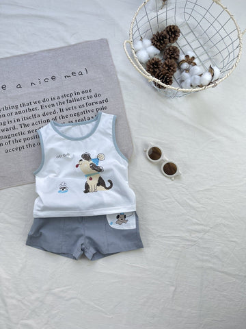 Cartoon Puppy Graphics Vest Set 犬 ノースリーブTシャツ ショートパンツセット【mh0012921】 Gray / 73cm yi nian ni ノースリーブセットアップ